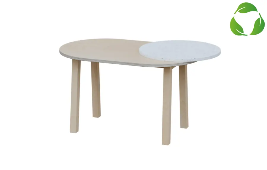 ECO 12 L konferenční stolek, levý, masivní dřevěná podnož, deska 18 mm, 500x1020x625, překližka bříza/upcyklovaný plast